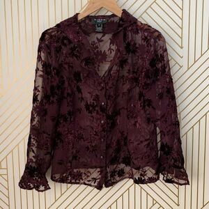 Virgo Y2K floral velvet & chiffon blouse ruffle hem bell sleeves semi sheer 10P